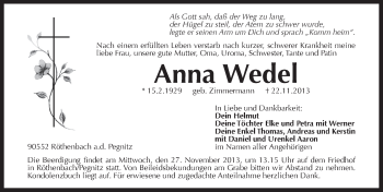 Traueranzeige von Anna Wedel von Pegnitz-Zeitung